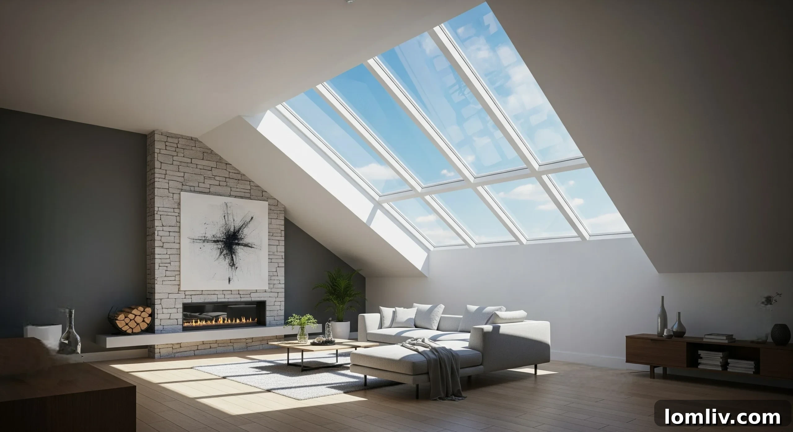 Modern skylights integrated into a sloped roof, illuminating a bright interior