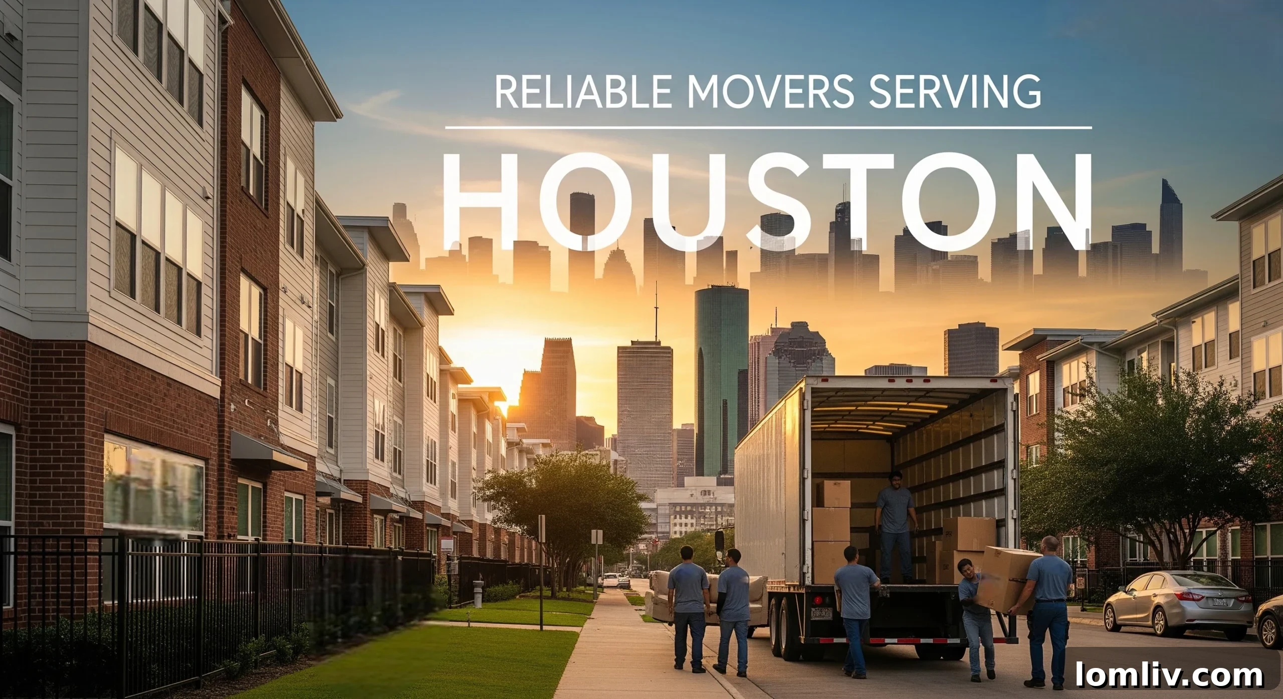 Professional movers navigating a busy Houston street with a moving truck, emphasizing the city's unique moving challenges.