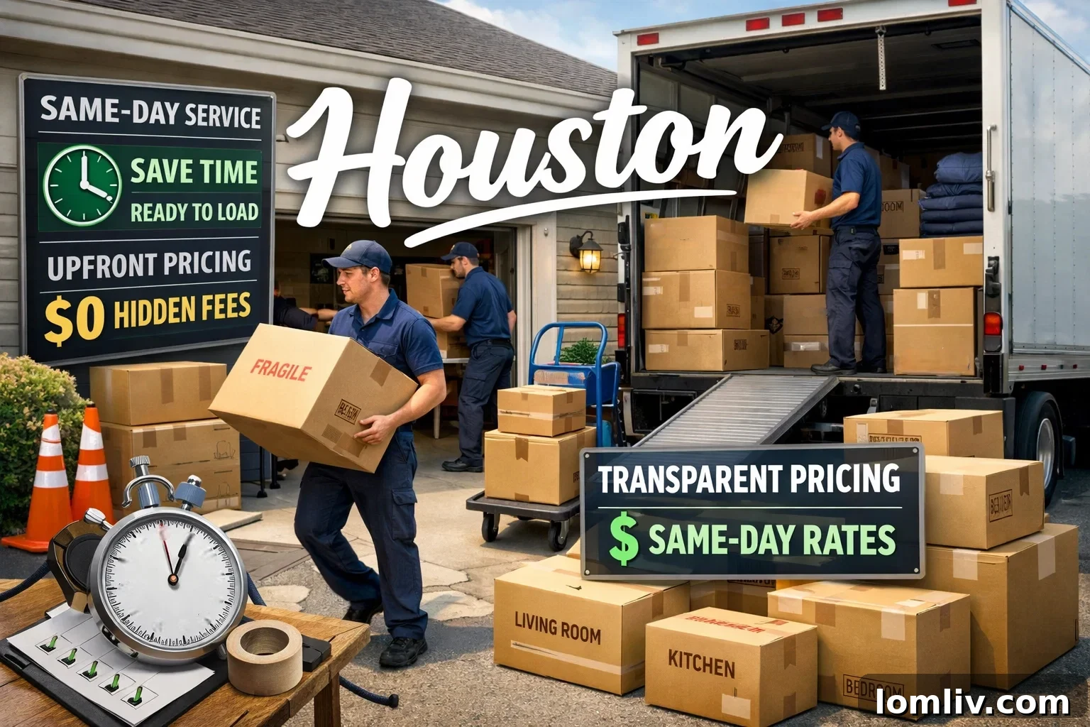 A moving crew efficiently loading a truck on a sunny day in Houston, representing speed and affordability.