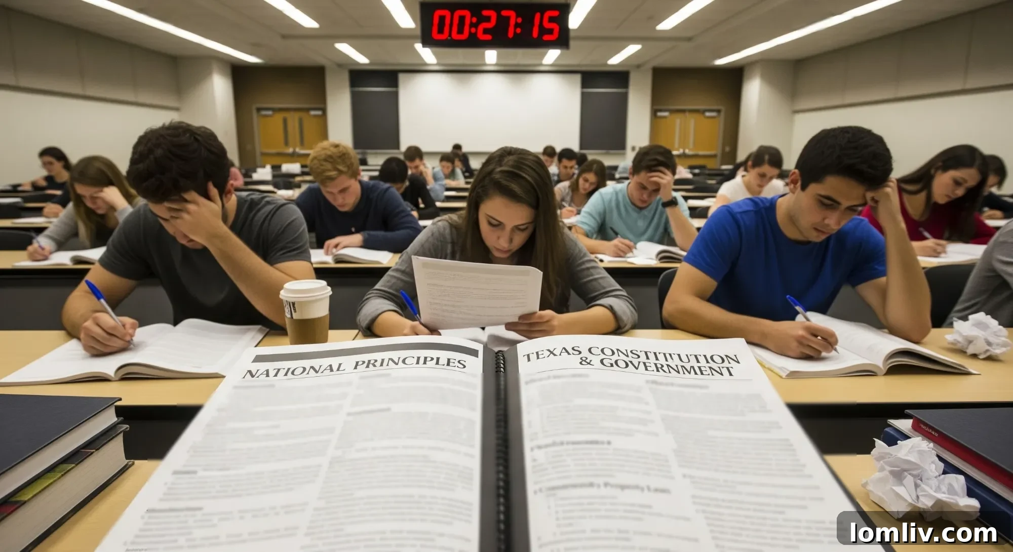 Aspiring real estate agent studying for the Texas Real Estate Exam on a laptop, surrounded by books and notes, highlighting the difficulty and complexity of the material.