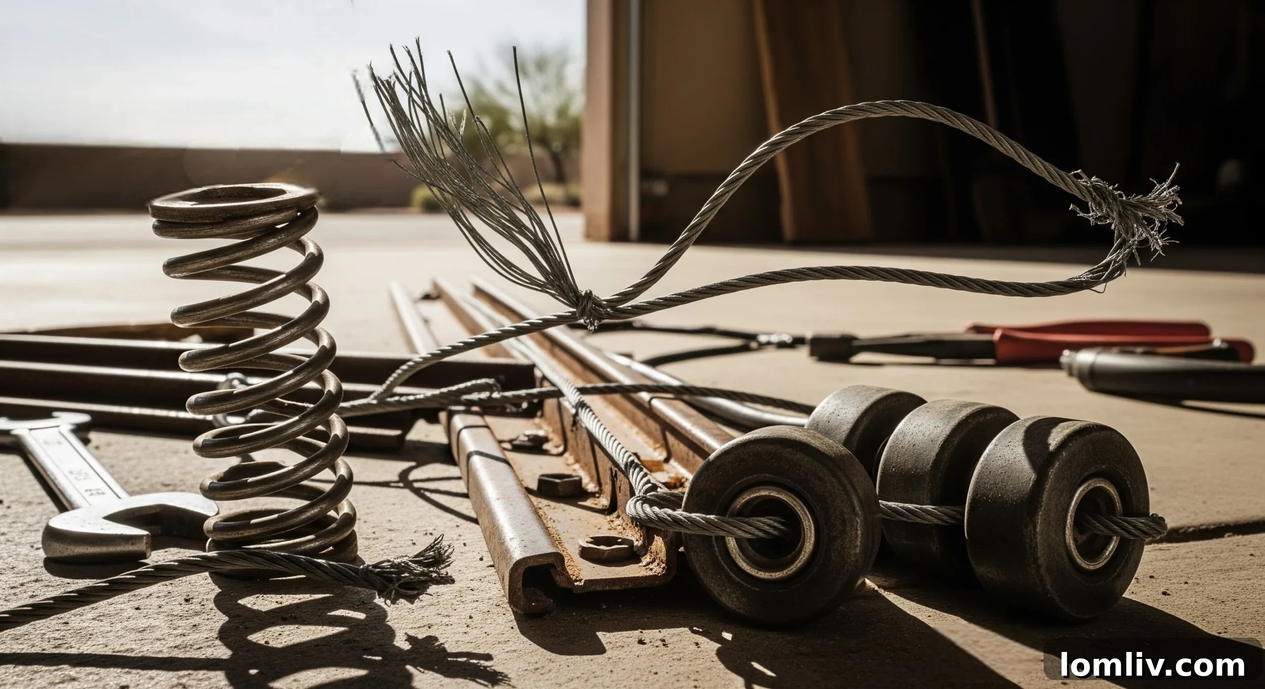 Close-up of a damaged garage door spring, highlighting a common issue