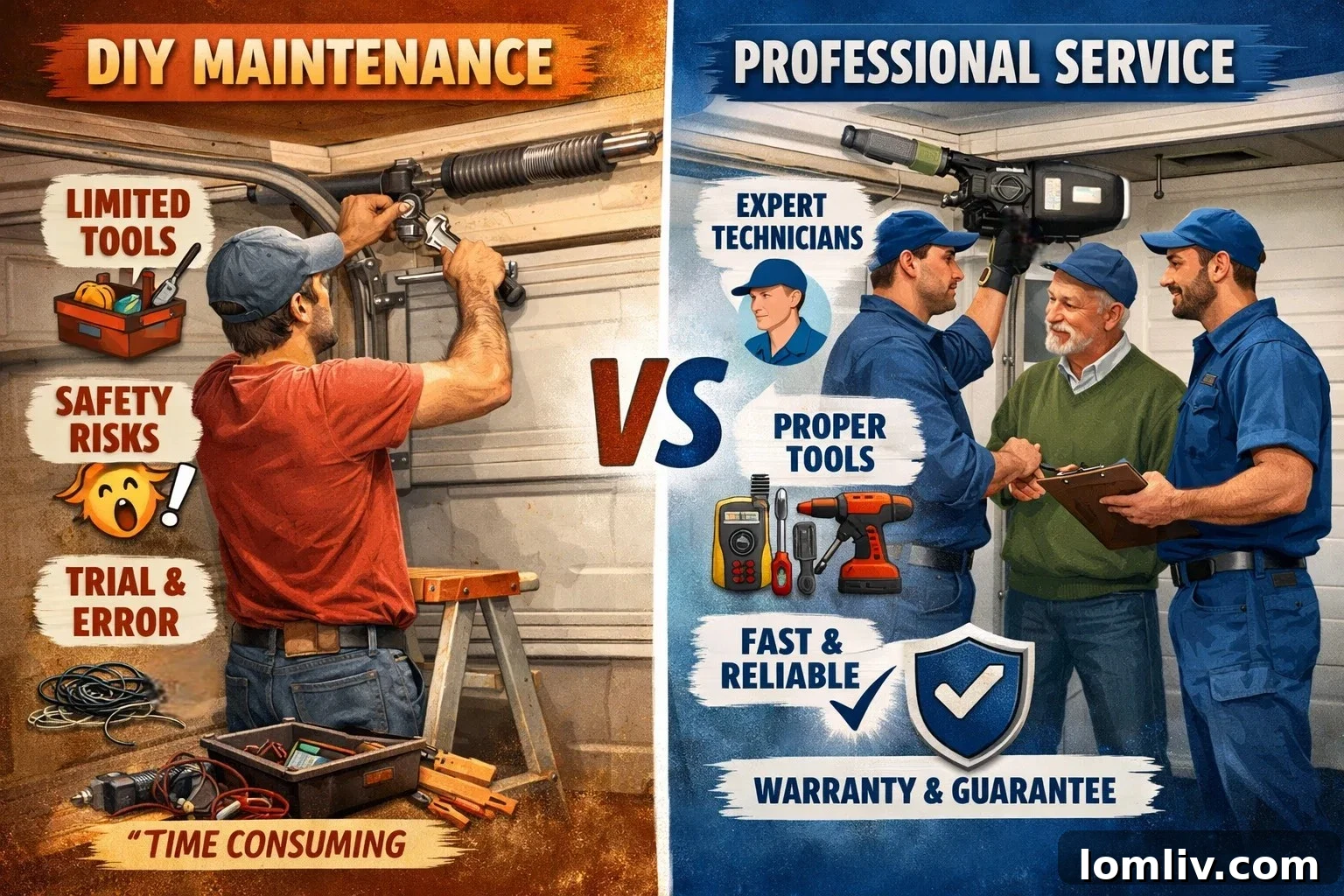 Professional garage door technician inspecting components