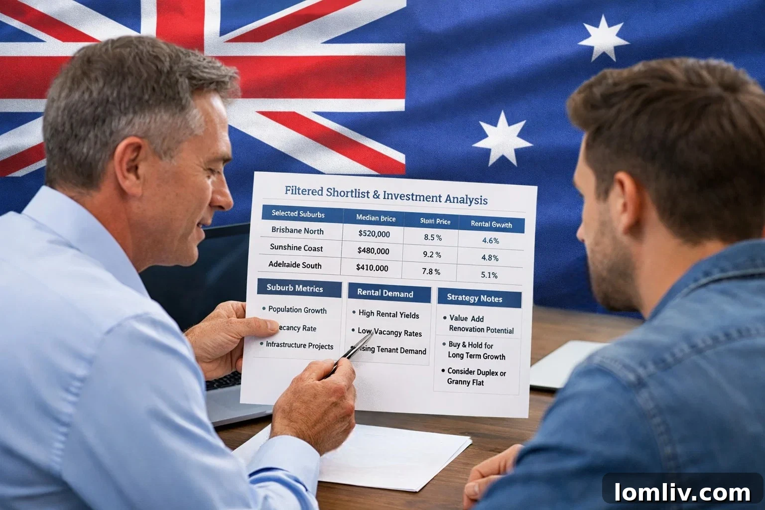 Unlocking Your Australian Property Potential When to Partner with Investment Experts 3 Property investment advisor explaining market trends to a new investor in Australia, highlighting the benefits of professional guidance.