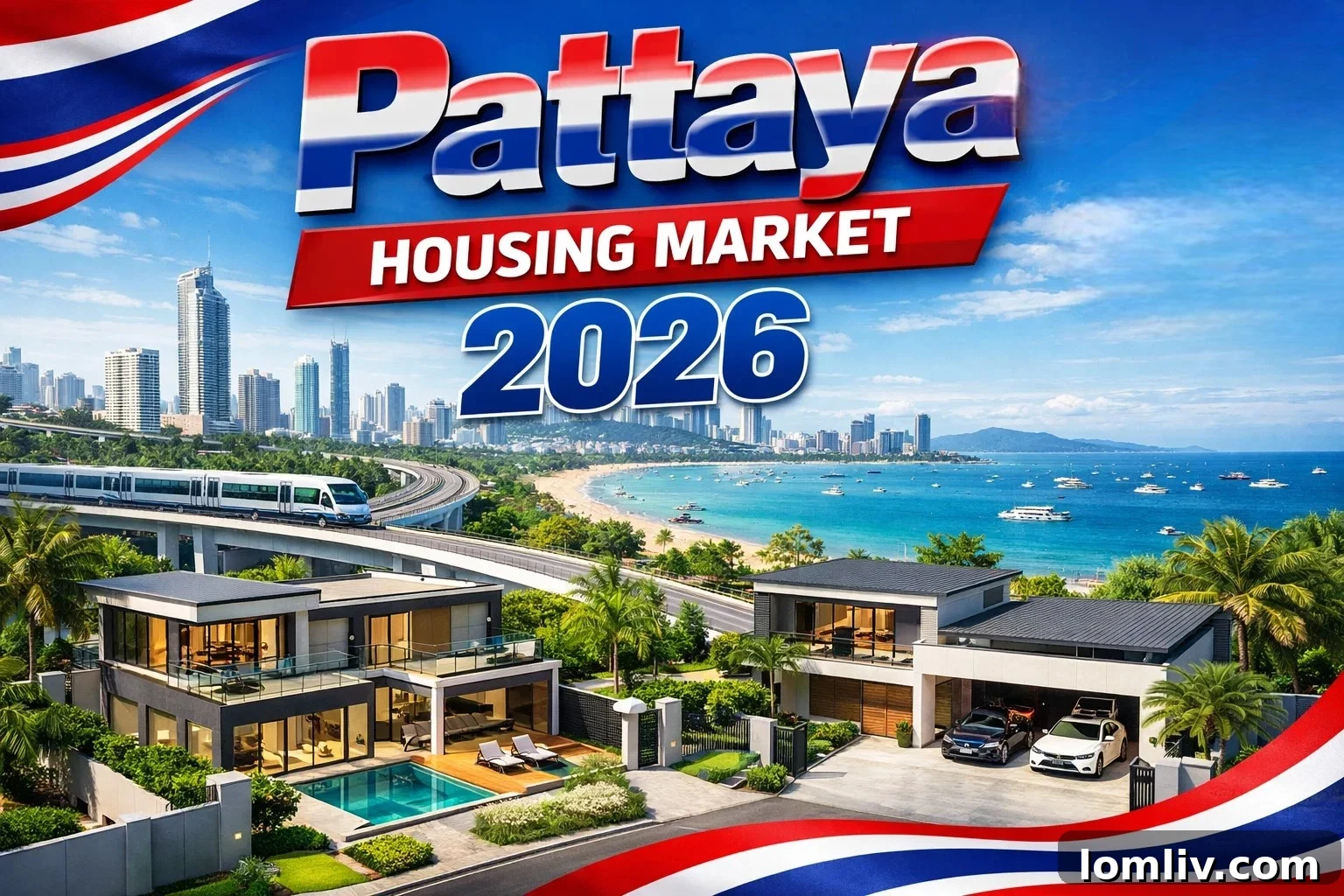 Pattaya city skyline at sunset, with modern buildings and lush greenery.