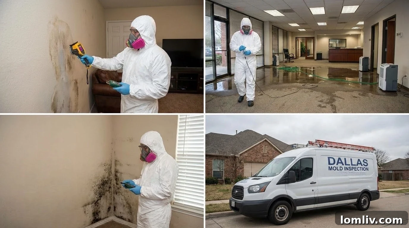 Professional mold remediation specialists inspecting a water-damaged commercial building in Dallas.