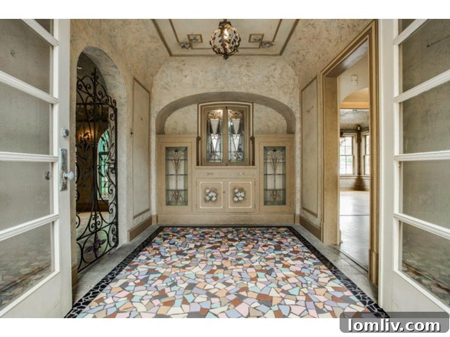 Landing with colorful mosaic accents at 7023 Lakewood Blvd., showcasing Hutsell's love for intricate tile work.