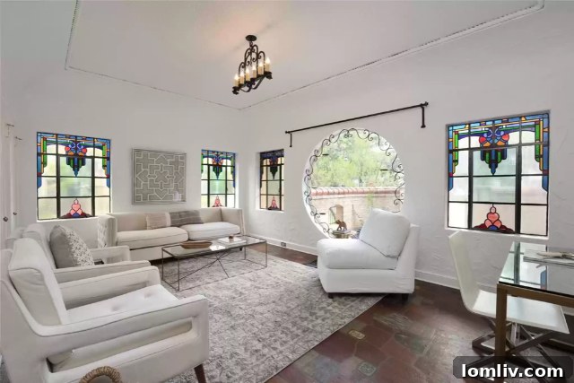 Interior view of 6969 Lakewood Blvd., showcasing the round plate glass window with ironwork.