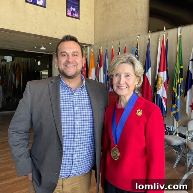 Councilman Adam Bazaldua with former U.S. Sen. Kay Bailey Hutchison, discussing Dallas's future