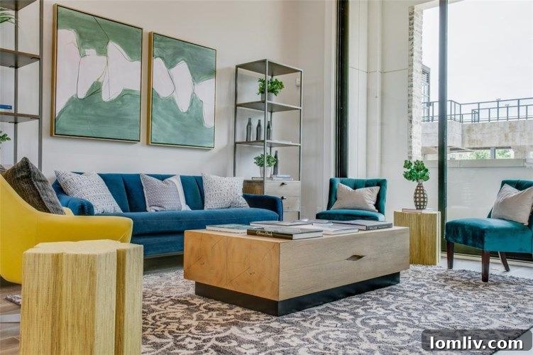 Redefining Luxury Lifestyles at Las Colinas Station 4 Stylish living room with high ceilings and large sliding glass doors