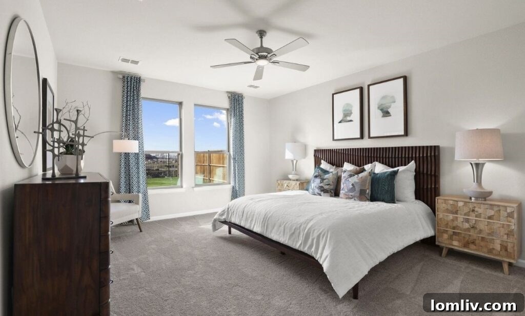 Cozy bedroom with ample natural light, offering potential for organized living