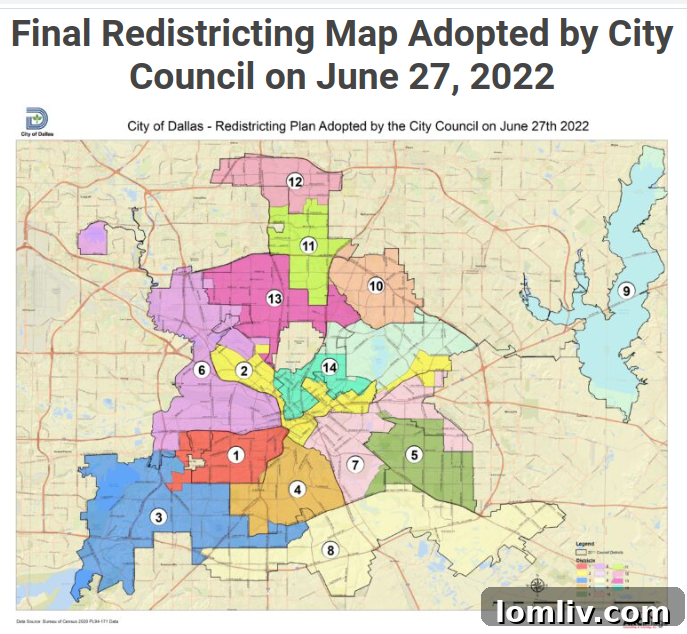 Map illustrating the redistricting process and its impact on Dallas city council boundaries.