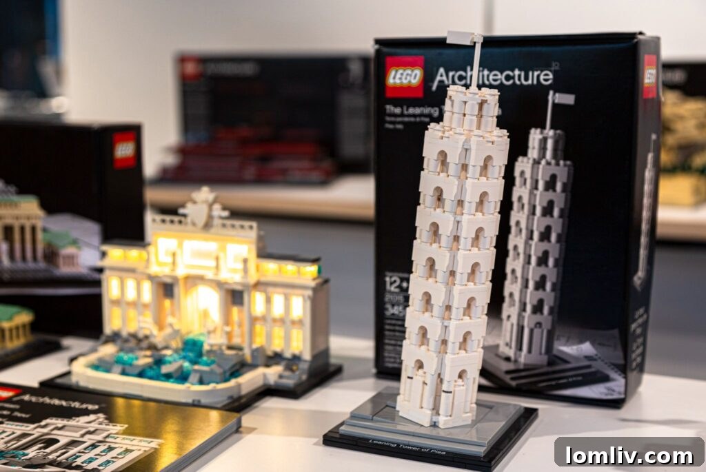 A close-up shot of an intricate LEGO city skyline model, showcasing various buildings and details.