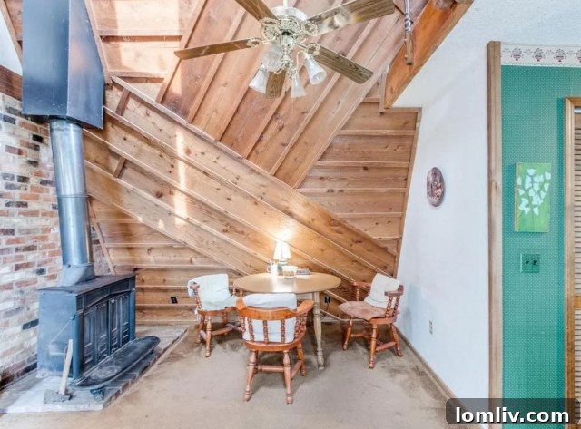 Oklahoma A-Frame interior featuring a complex, rustic woodwork design, reminiscent of Inception.