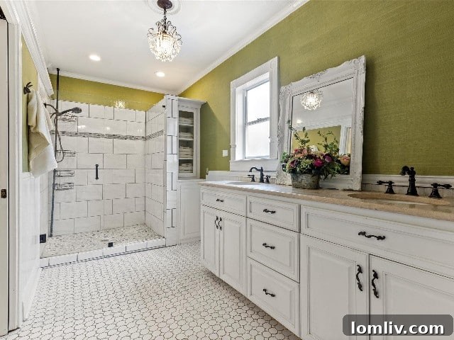 Waxahachie Queen Anne Victorian: A True Gingerbread Fairytale 10 A modern and tastefully updated bathroom within the historic Waxahachie home, thoughtfully renovated to meet contemporary standards since its 1895 construction.