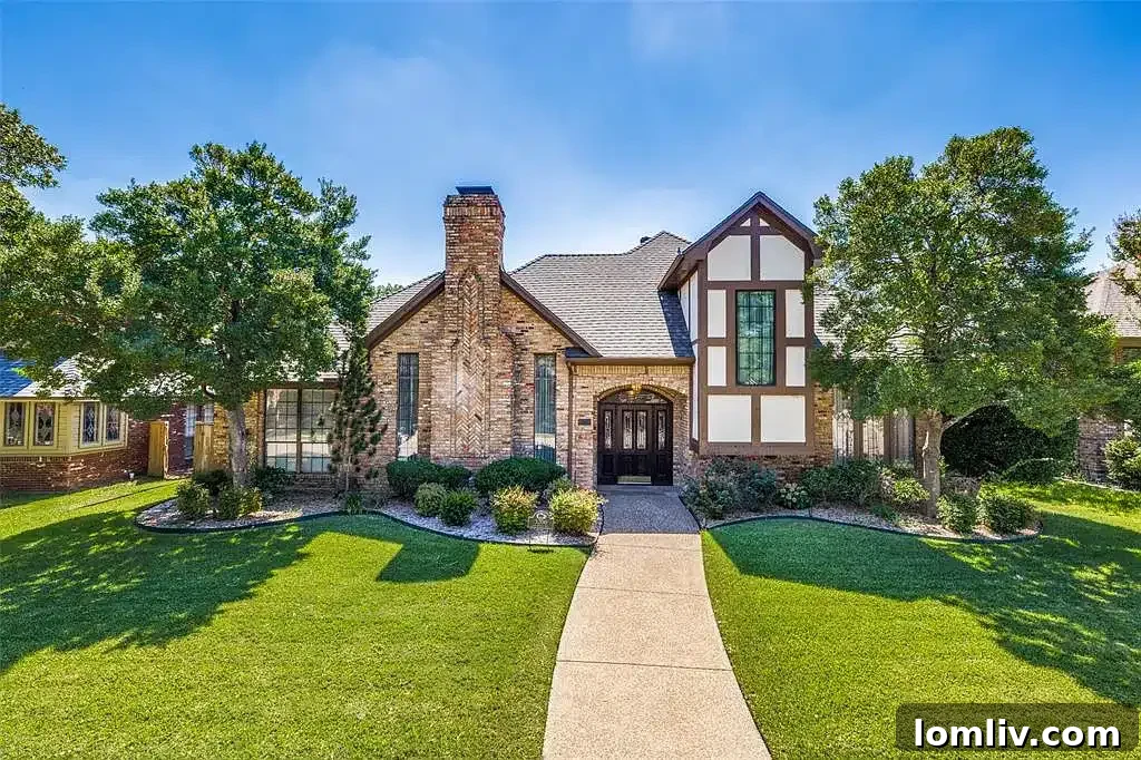 A charming Bavarian-style home in Plano with well-manicured landscaping and excellent curb appeal.