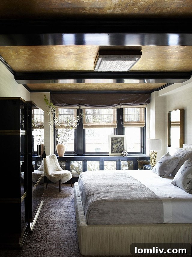 A gilded ceiling with a dimming light fixture provides a double dose of glamour.