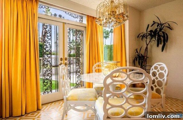 Bright yellow breakfast room with patterned floor and French doors