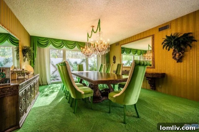 Detailed view of the vibrant green interior design in a Palm Springs Mid-Century Modern home