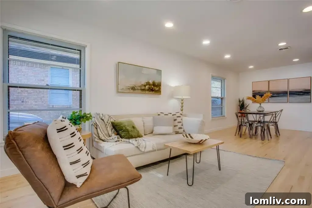 A charming dining area with a modern light fixture, situated conveniently between the living room and kitchen, featuring the same beautifully refinished hardwood floors that extend throughout the main living spaces.