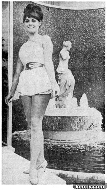 Historic photo of Raquel Welch at the Cabana Motor Hotel in Dallas, showcasing her early career.