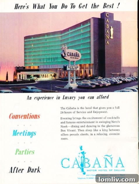 Exterior view of the historic Cabana Motor Hotel in Dallas, a landmark of mid-century modern architecture and design.