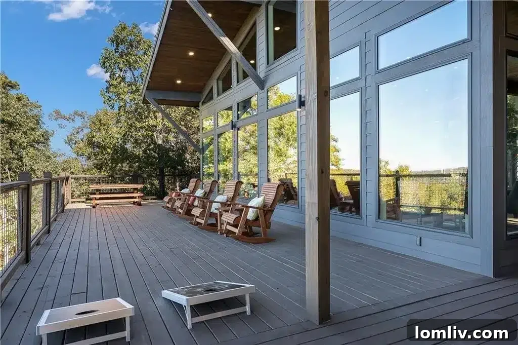 Exterior shot of a modern luxury cabin in Broken Bow, showcasing architectural details