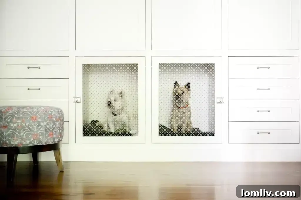 Luxurious custom pet amenities, including built-in cabinetry and electronic doors, exemplify modern pet-friendly home design.