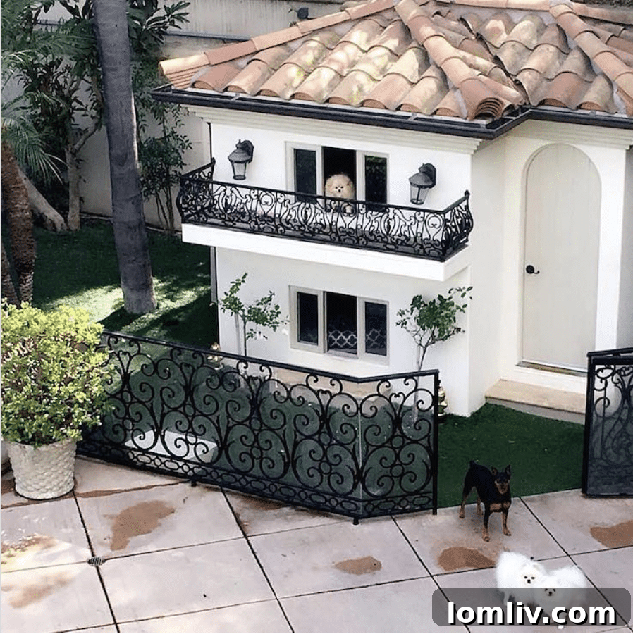 Paris Hilton's two-story doggy mansion, a luxurious backyard retreat for her pampered pets, complete with a wrought iron gate.