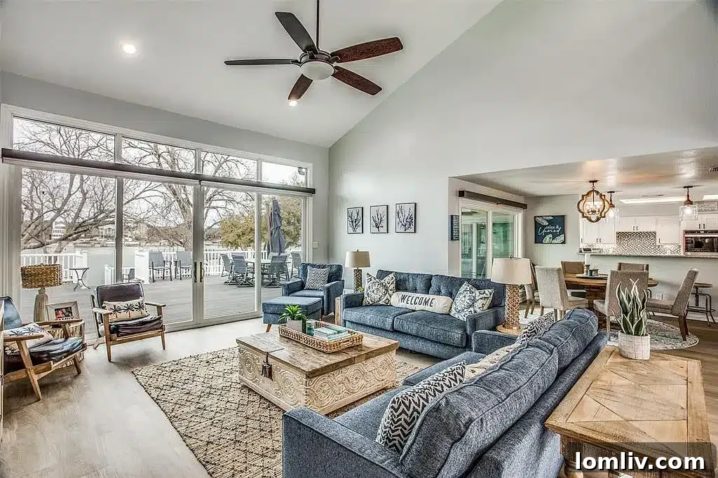 Modern interior of a lake house with luxury vinyl plank flooring