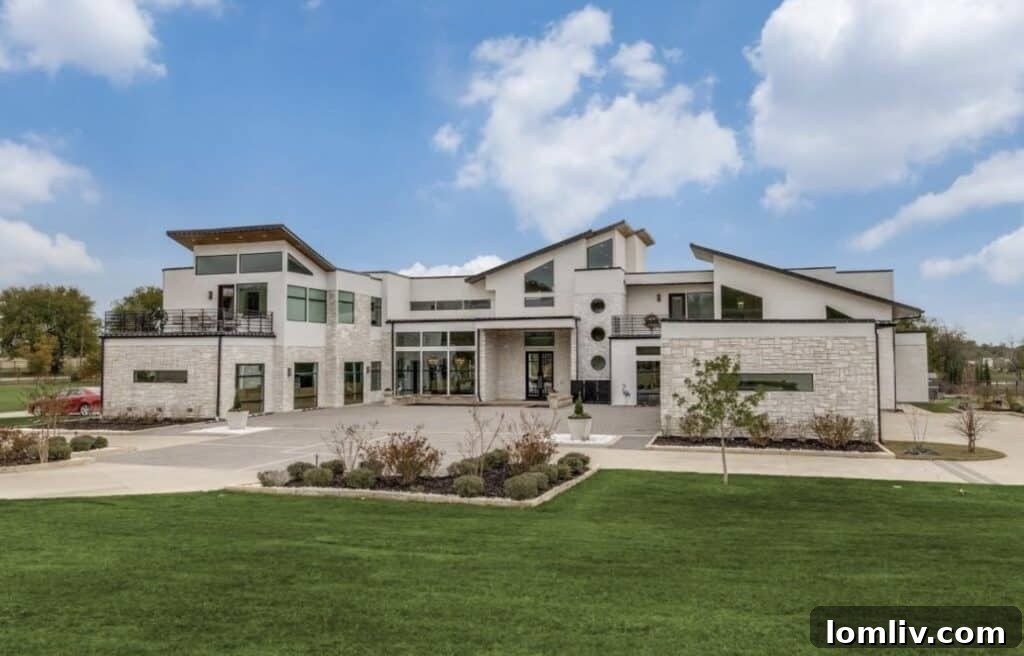Luxury home exterior with manicured lawn and grand entrance