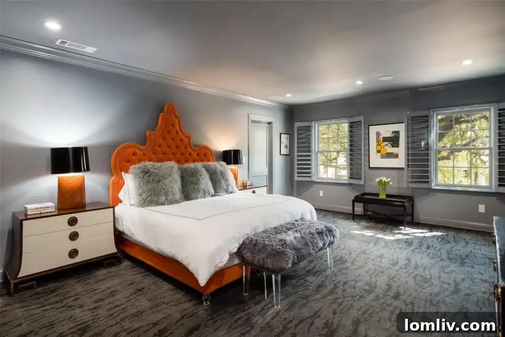 Luxurious orange lacquer bar with parrot wallpaper, an entertainment highlight.