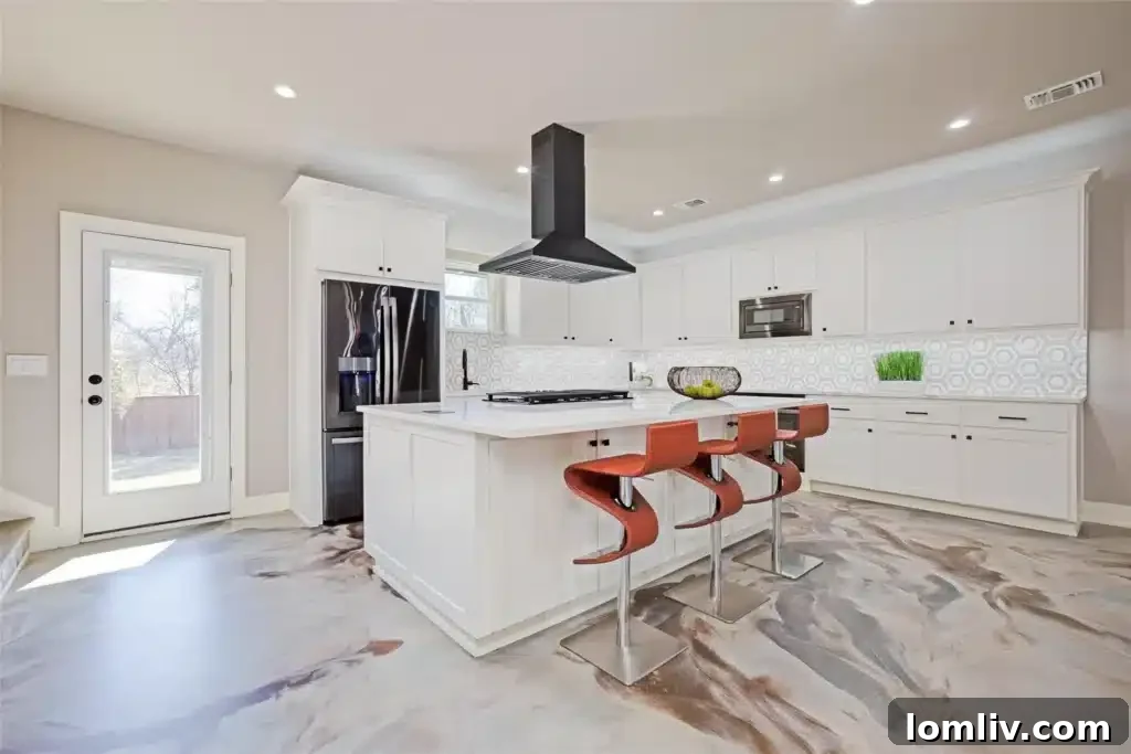 Spacious open living area with custom-painted concrete floors