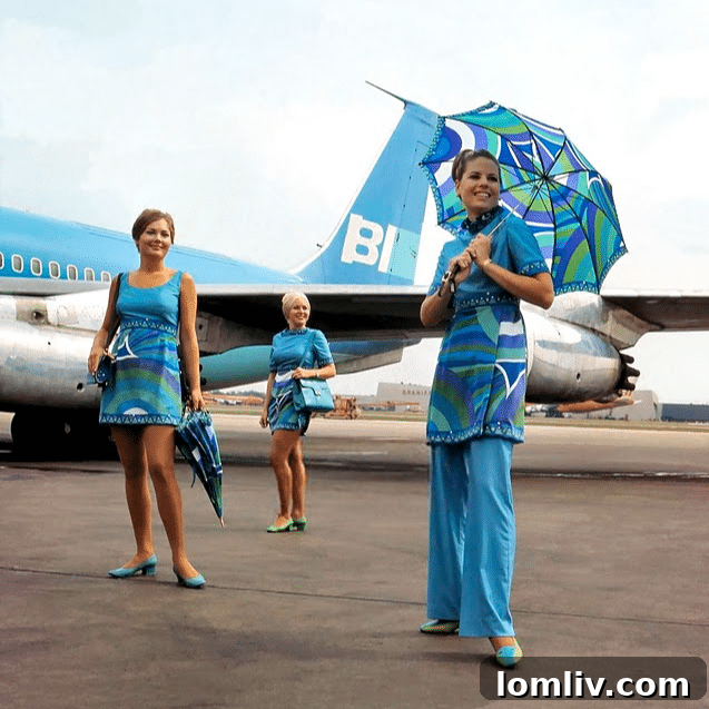 Braniff Hostess in Emilio Pucci uniform next to a colorful Braniff plane