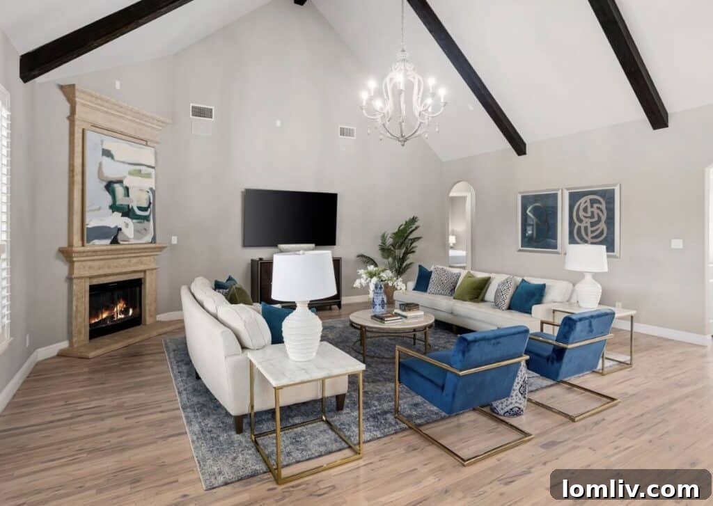 Spacious open-concept living room with vaulted ceilings