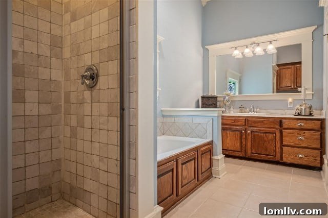 A modern, comfortable primary bathroom with a separate shower and soaking tub, a luxury not found in early 1920s homes.