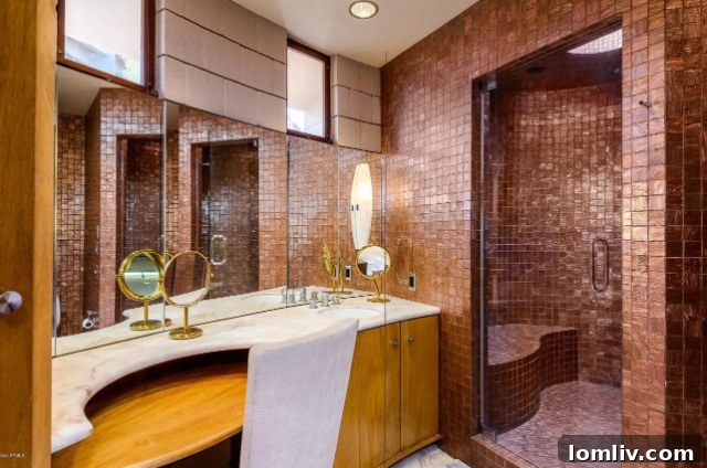 Classic and elegant bathroom interior with clean lines and natural light in Frank Lloyd Wright's Circular Sun House