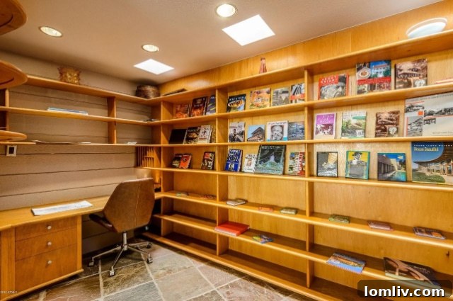 Luxurious library with built-in bookshelves and warm mahogany finishes, perfect for contemplation in a Frank Lloyd Wright home