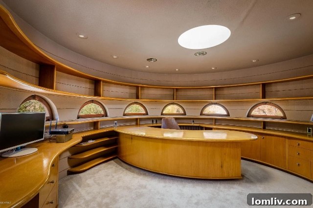 Elegant home office or study area, designed with rich wood tones and curved walls for a serene and focused environment