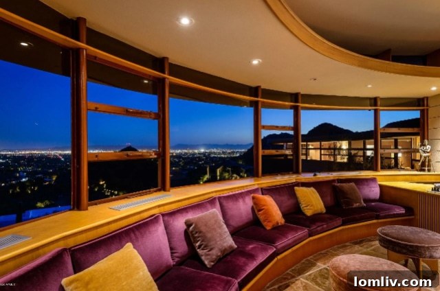 Circular patio and outdoor living space at the Circular Sun House, offering stunning views of Palm Canyon