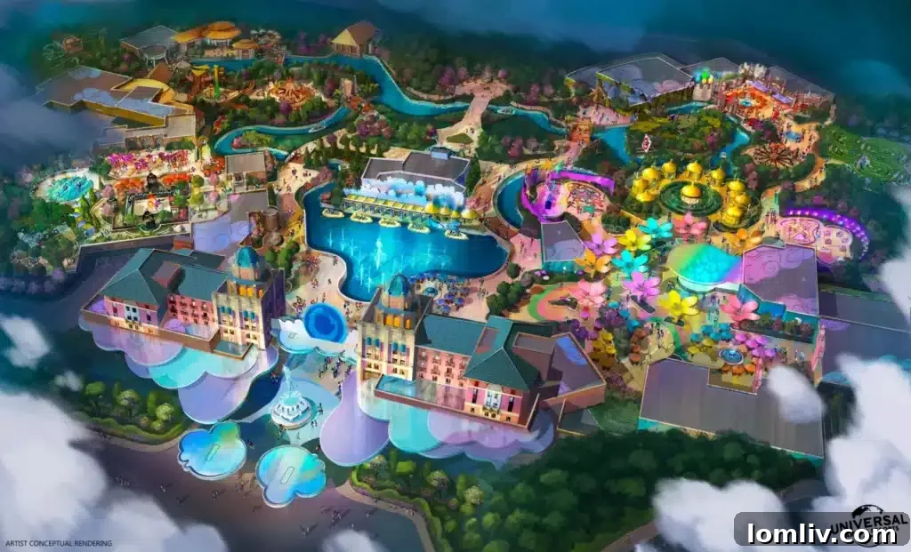 Artist's rendering of Universal's planned theme park in Frisco, Texas, showing a vibrant, family-friendly atmosphere.