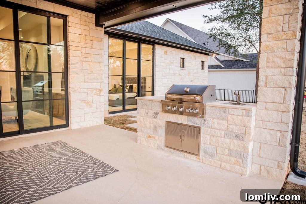 Breathtaking backyard oasis with an outdoor kitchen, covered patio, and stunning golf course views