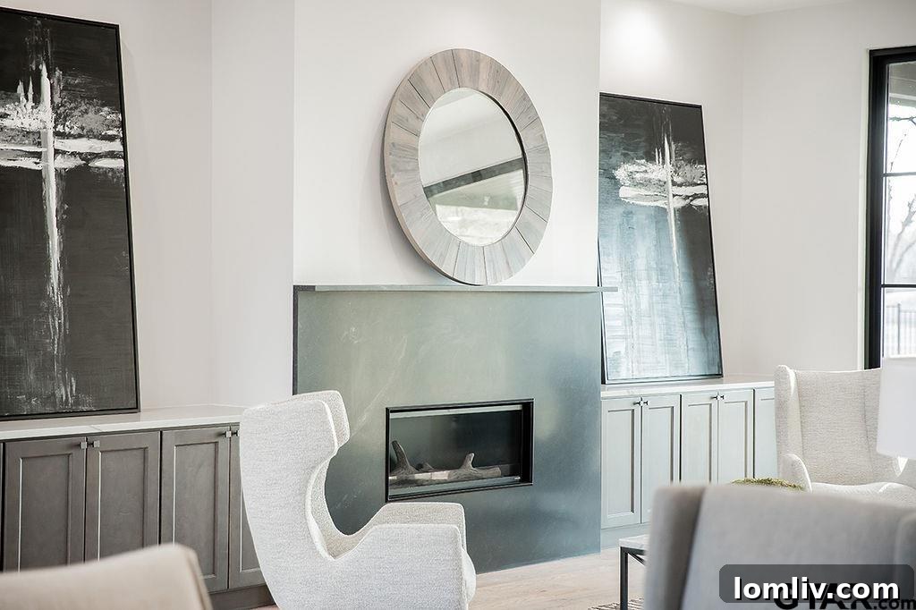 Spacious living room featuring a cozy fireplace and custom built-in cabinetry
