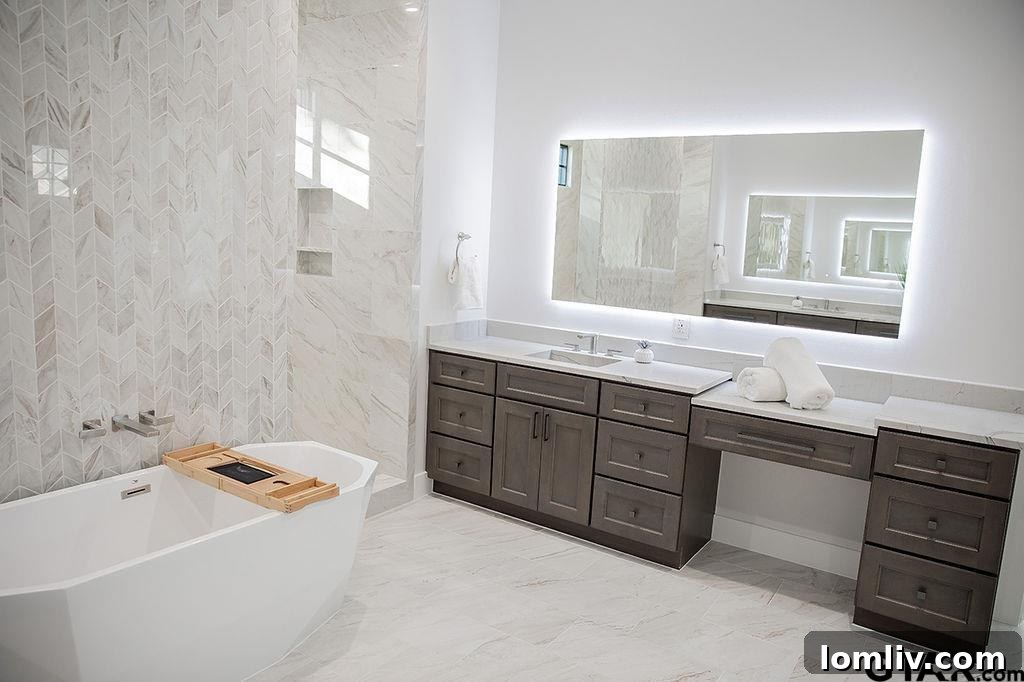 Elegant primary bathroom with dual vanities, backlit mirrors, and high-end finishes