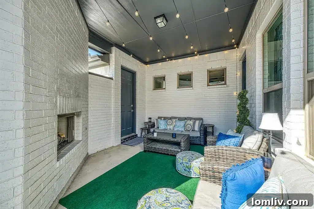 Cozy outdoor patio with a brick fireplace and comfortable seating in Arlington