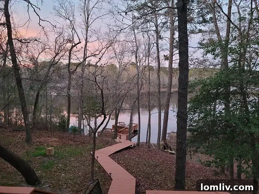 Serene view of the lake surrounded by lush green trees, Winnsboro lake house