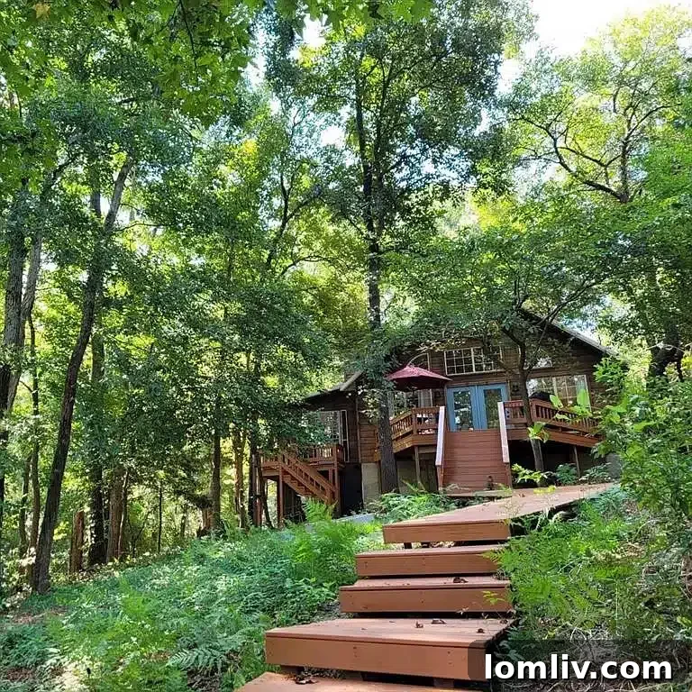 Exterior view of a charming wooden lake house in Winnsboro