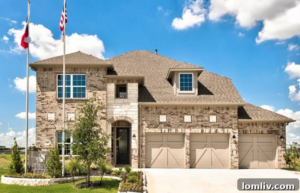 A quiet residential street in Mayfield Farms with modern homes and lush green lawns