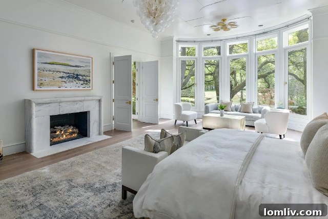 Floor-to-ceiling windows revealing lush woodland views