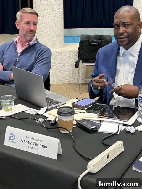 Councilmen Chad West and Casey Thomas engaged in discussions during the Dallas City Council vision session, sharing their priorities for their respective districts.