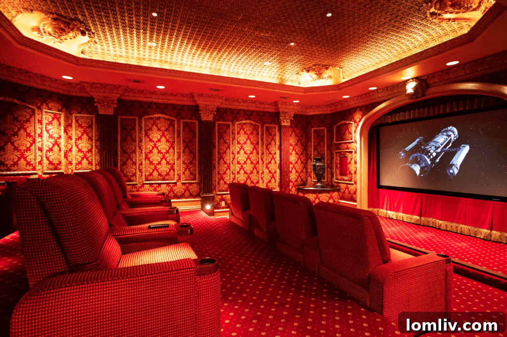 The home theater, inspired by Chicago’s Marbro Theatre, offers an immersive cinematic experience.